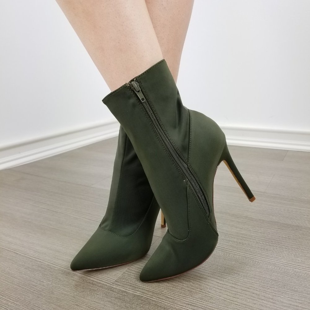 Olive Pointy Toe Sexy Stiletto Ankle Sock Boots - Picture 5 of 11